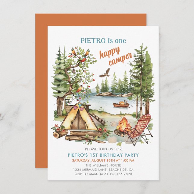 One Happy Camper Boys 1. Geburtstag Einladung (Vorne/Hinten)