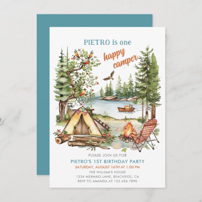 One Happy Camper Boys 1. Geburtstag Einladung (Vorne/Hinten)