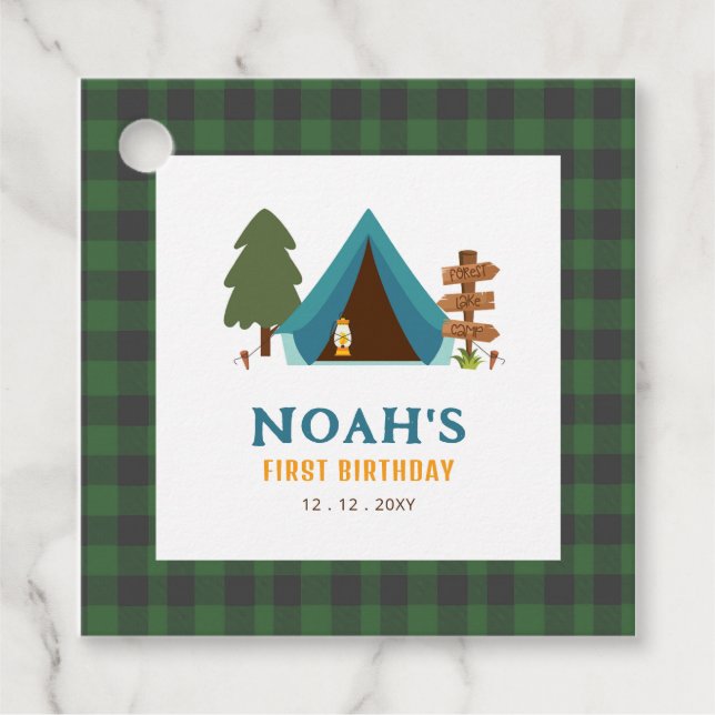 One Happy Camper Boys erster Geburtstag Geschenkanhänger (Vorderseite)
