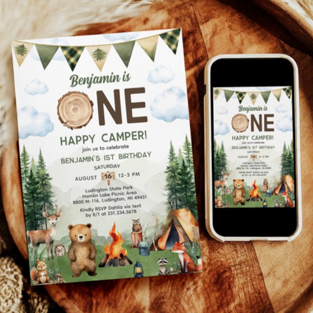 One Happy Camper Erster Geburtstag Einladung (One Happy Camper First Birthday Invitation
)