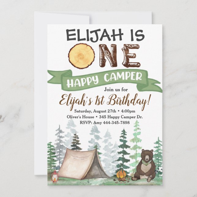 One Happy Camper Geburtstag Einladung 1. Geburtsta (Vorderseite)