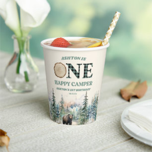 ONE Happy Camper Green Bär 1. Geburtstag Party Pappbecher