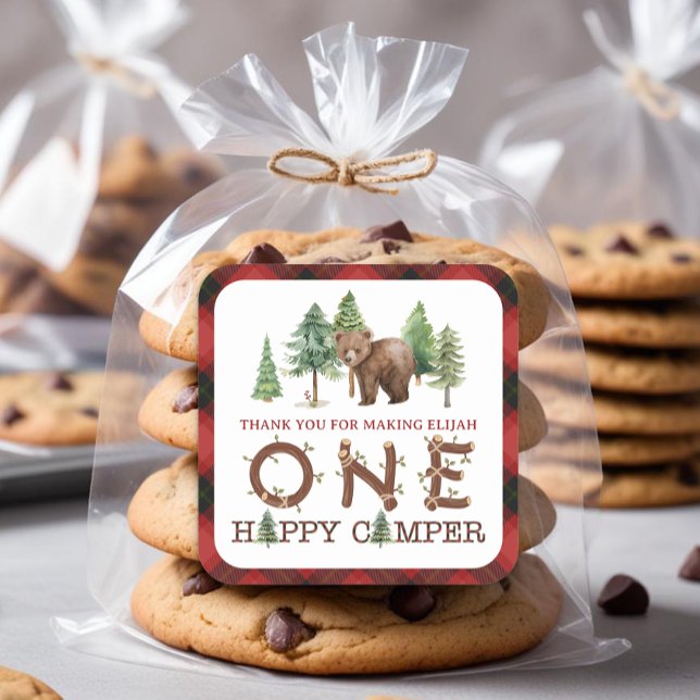 One Happy Camper Vielen Dank Square Sticker (Party Favor Stickers)