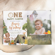 One Happy Camper Wood Bear Foto Boys 1. Geburtstag