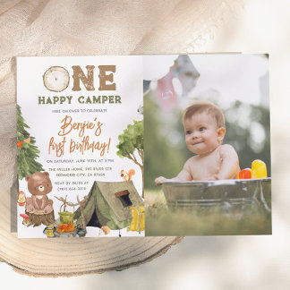 One Happy Camper Wood Bear Foto Boys 1. Geburtstag Einladung