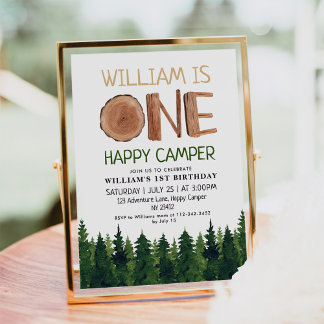 One Happy Camper Wood Boys 1. Geburtstag Einladung