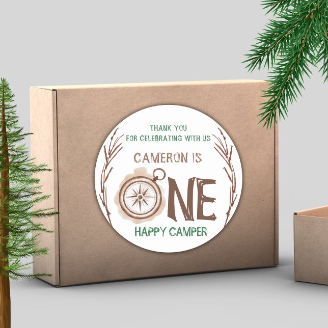 One Happy Camper Woodland 1. Geburtstag Runder Aufkleber (Von Creator hochgeladen)