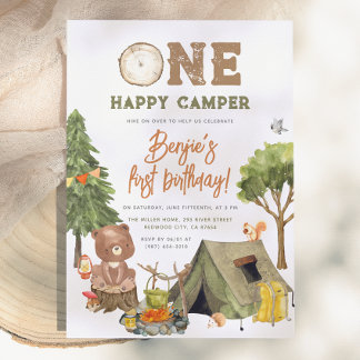 One Happy Camper Woodland Bären Boys 1. Geburtstag Einladung