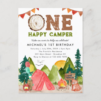 One Happy Camper Woodland Bären Boys 1. Geburtstag Postkarte