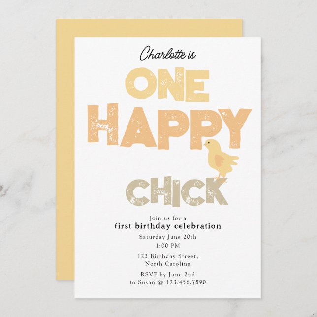 One Happy Chick Invite 1st Baby Chicken Birthday Einladung (Vorne/Hinten)