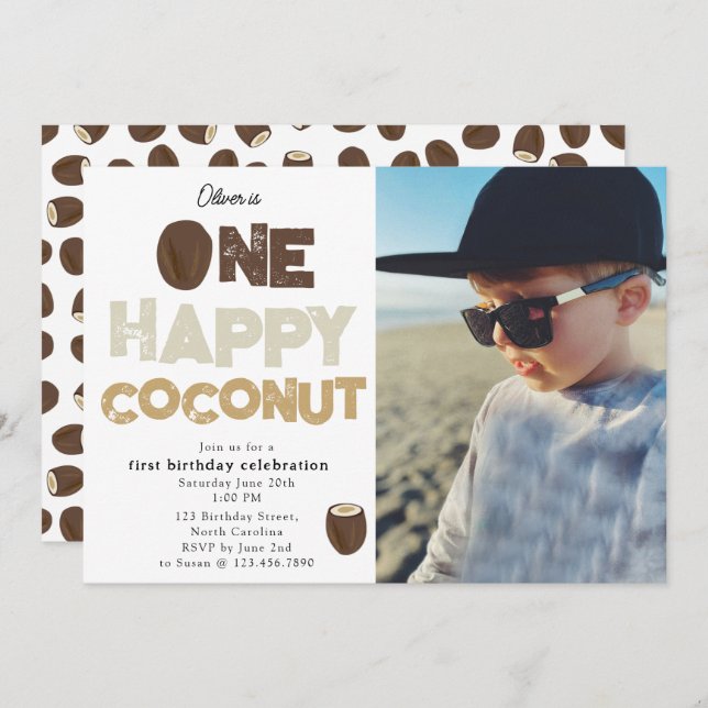 One Happy Coconut 1st Summer Birthday Photo Einladung (Vorne/Hinten)