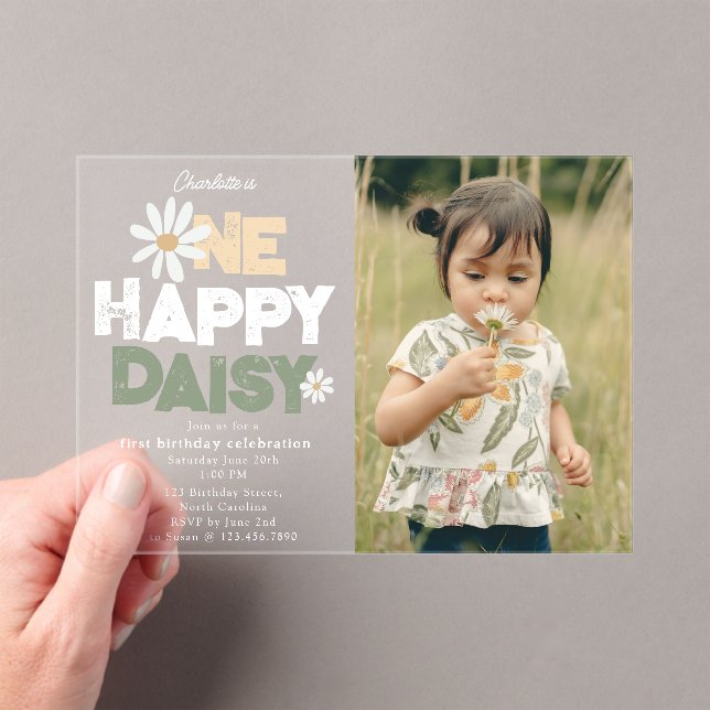 One Happy Daisy Invite 1st  First Birthday Photo Acryleinladungen (Insitu (Handheld))