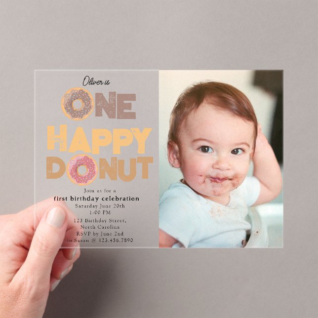 One Happy Donut Invite 1st  First Birthday Photo Acryleinladungen (Insitu (Handheld))