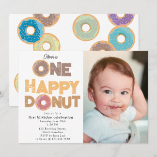 One Happy Donut Invite 1st  First Birthday Photo Einladung