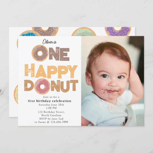One Happy Donut Invite 1st  First Birthday Photo Einladung