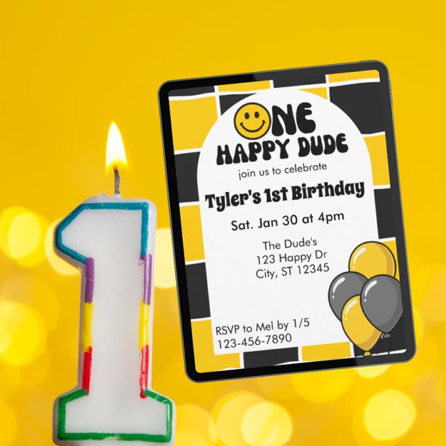 One Happy Dude, Black & Yellow 1st Birthday Einladung (Von Creator hochgeladen)