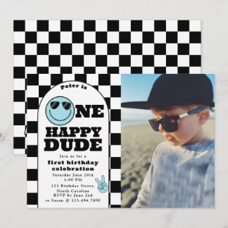 One Happy Dude Invite 1st First Birthday Boy Photo Einladung