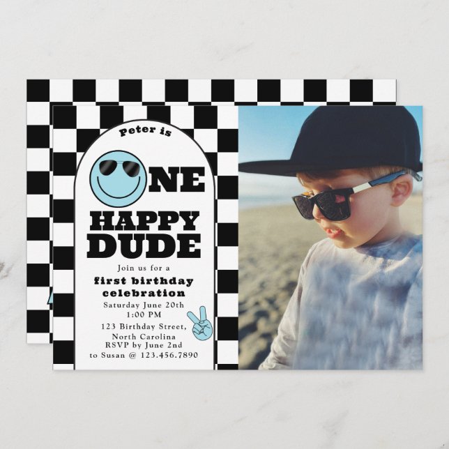 One Happy Dude Invite 1st First Birthday Boy Photo Einladung (Vorne/Hinten)