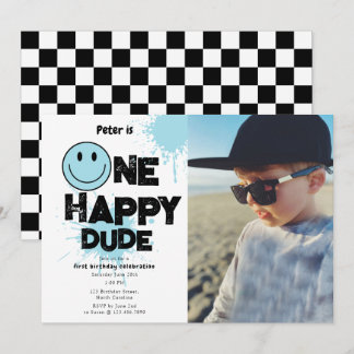 One Happy Dude Invite 1st First Birthday Boy Photo Einladung