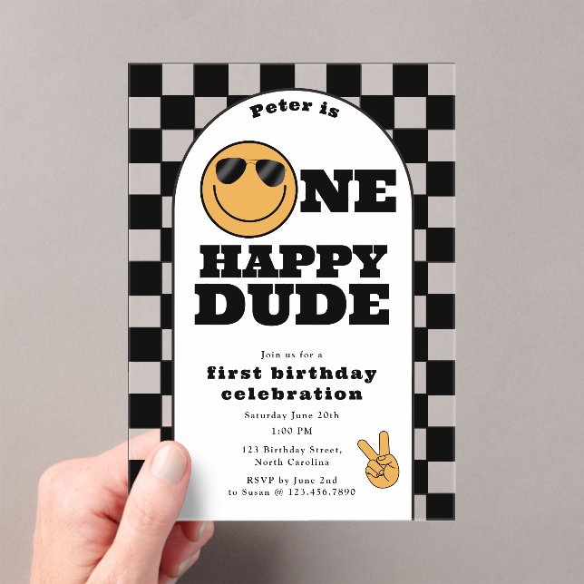 One Happy Dude Invite 1st First Birthday Cute Boy Acryleinladungen (Insitu (Handheld))