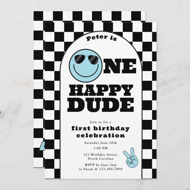 One Happy Dude Invite 1st First Birthday Cute Boy Einladung (Vorne/Hinten)