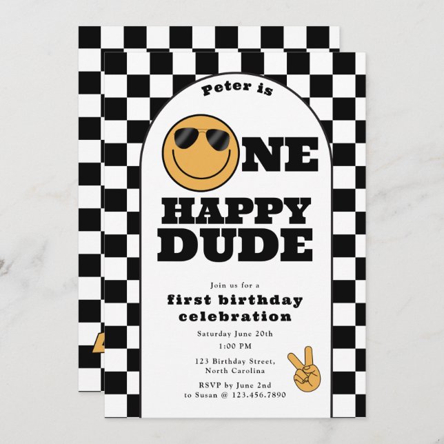 One Happy Dude Invite 1st First Birthday Cute Boy Einladung (Vorne/Hinten)
