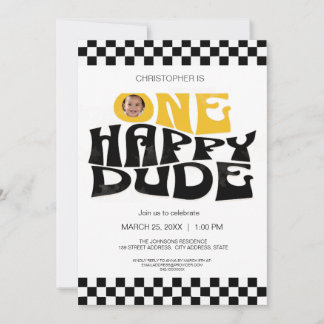 One Happy Dude Modern Checkerboard First Birthday Einladung
