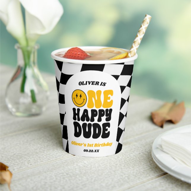 One Happy Dude Retro First 1st Birthday Party Pappbecher (In Situ)