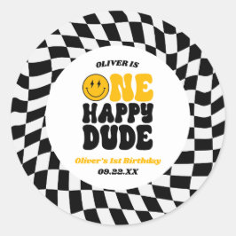 One Happy Dude Retro First 1st Birthday Party Runder Aufkleber
