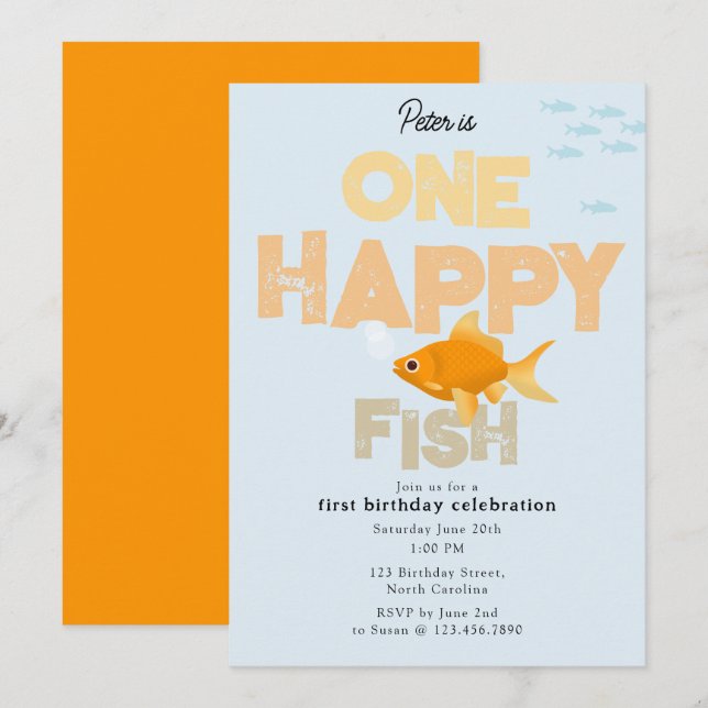 One Happy Fish Invite 1st Boy Girl Birthday Einladung (Vorne/Hinten)