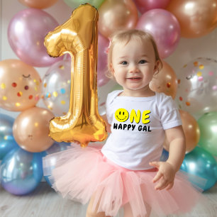 One Happy Gal 1. Geburtstag Yellow Smiley Baby Strampler