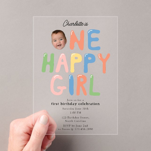 One Happy Girl Birthday Invite 1st Birthday Photo Acryleinladungen (Insitu (Handheld))