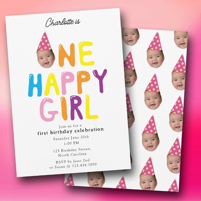 One Happy Girl Birthday Invite 1st Birthday Photo  Einladung (One Happy Girl Birthday Invite 1st Birthday Photo)