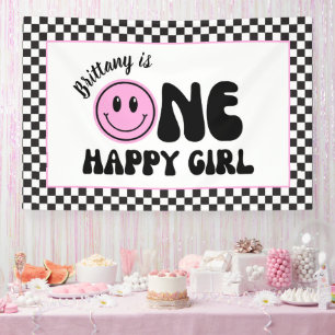 One Happy Girl Pink Happy Face Birthday Banner