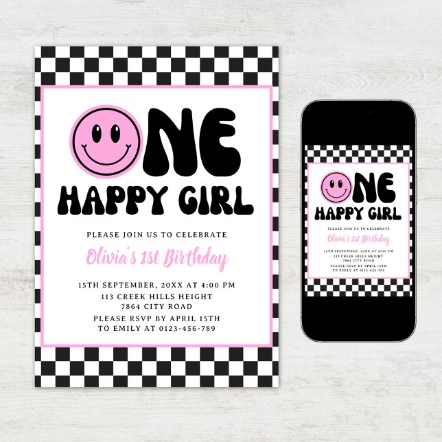 One Happy Girl Pink Happy Face Birthday Einladung (Von Creator hochgeladen)