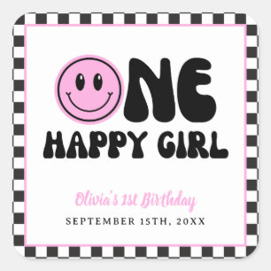 One Happy Girl Pink Happy Face Birthday Quadratischer Aufkleber