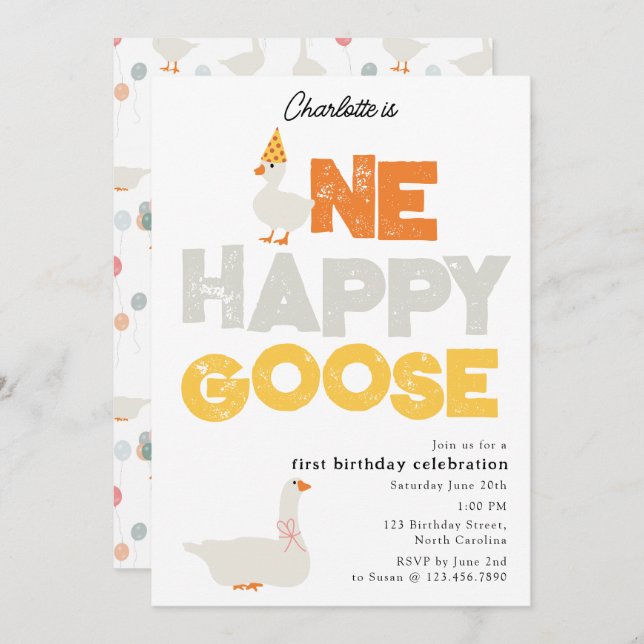 One Happy Goose Invite 1st  First Birthday Cute Einladung (Vorne/Hinten)