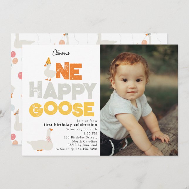 One Happy Goose Invite 1st  First Birthday Photo Einladung (Vorne/Hinten)
