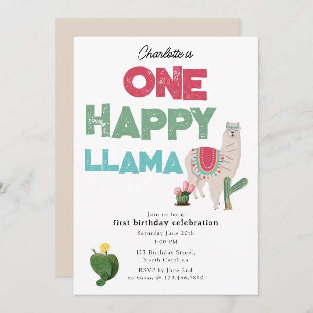 One Happy Llama Invite 1st Girl Birthday Einladung (Vorne/Hinten)