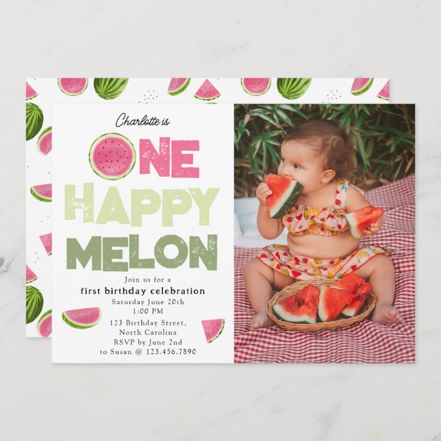 One Happy Melon 1st Summer Birthday Photo Einladung (Vorne/Hinten)