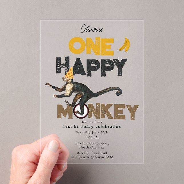 One Happy Monkey Cute Invite 1st First Birthday Acryleinladungen (Insitu (Handheld))