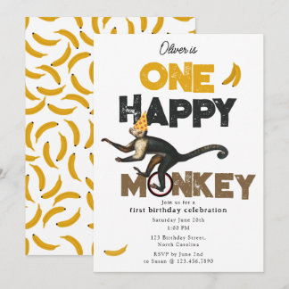 One Happy Monkey Cute Invite 1st First Birthday Einladung