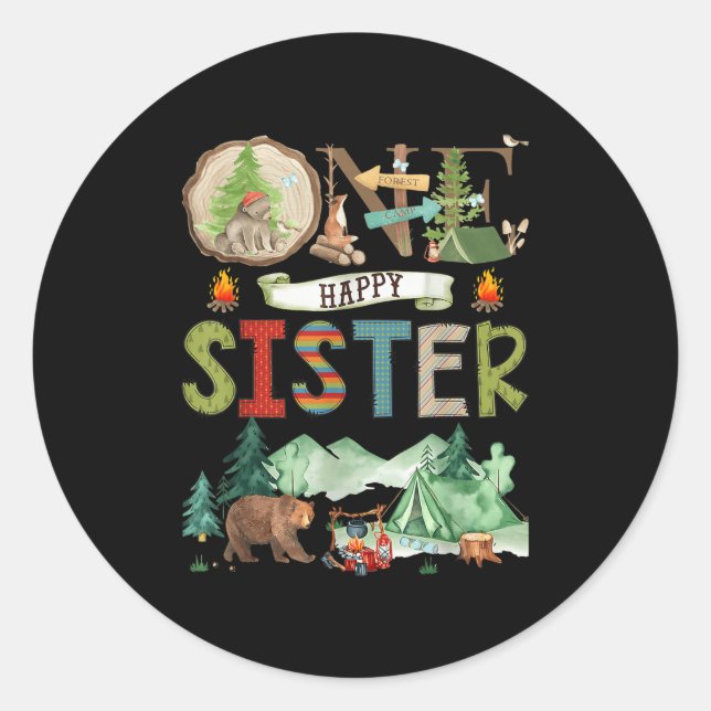 One Happy Sister Camper 1st Birthday Camng Bear  Runder Aufkleber (Vorderseite)