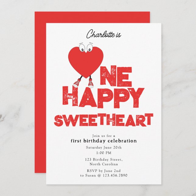 One Happy Sweetheart Invite 1st Girl Birthday Einladung (Vorne/Hinten)