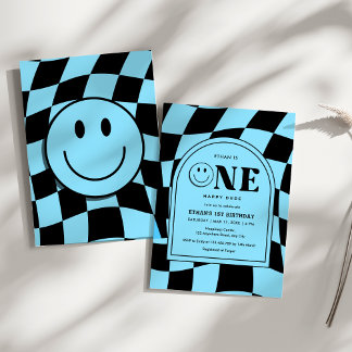 One Happy Typ Happy Face Blue Boy 1. Geburtstag Einladung