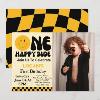 One Happy Typ Junge 1. Geburtstag Foto Einladung