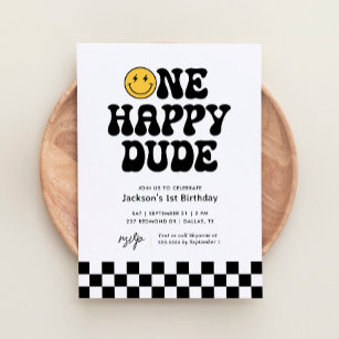 One Happy Typ Schachbrett Happy Face 1. Geburtstag Einladung
