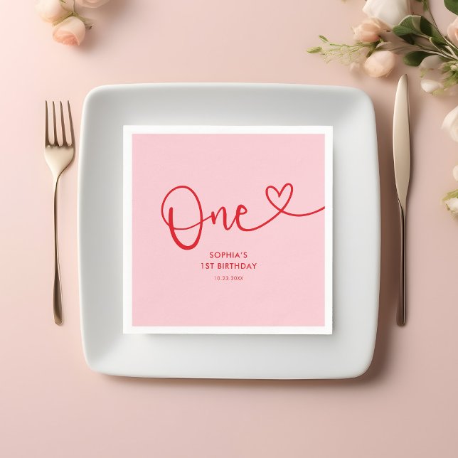 One Heart Calligraphy 1st Birthday Pink Red Serviette (Von Creator hochgeladen)