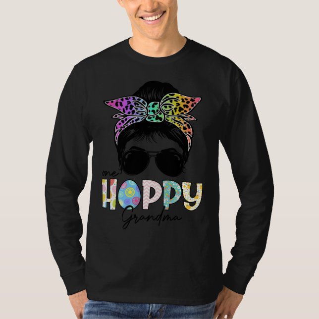 One Hoppy Grandma Leopard Messy Bun Easter Day T-Shirt (Vorderseite)