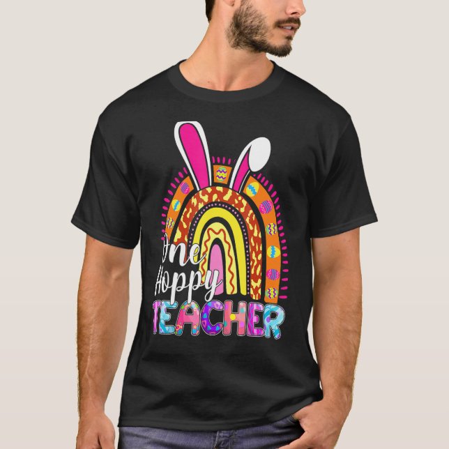 One Hoppy Teacher Bunny School Rainbow Leopard Eas T-Shirt (Vorderseite)